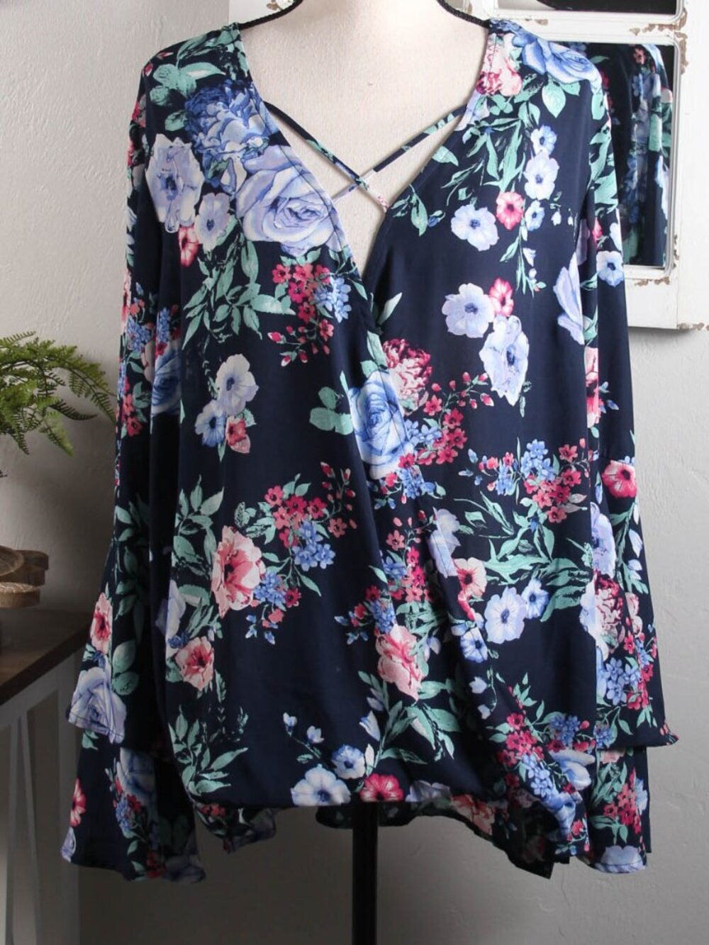 Floral Faux Wrap Blouse 1X Navy Bell Sleeve Crisscross V-Neck